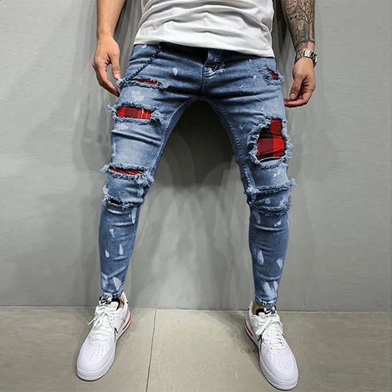 Mens Skinny Ripped Jeans Fashion Grid Hole Endothecium Patches Slim Fit Stretch Casual Denim Pencil Pants Jogging Trousers 240809