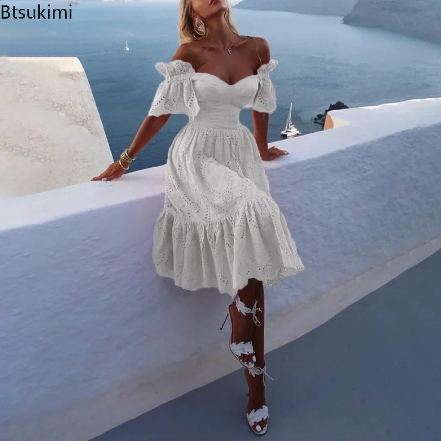 Women Sexy Hollow Out Solid Ruffles Dress Summer Loose Lace Patchwork Casual Dress Elegant Strapless Party Dresses Vestidos 240822