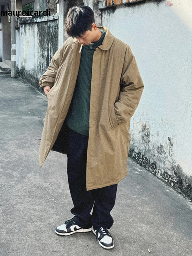 Mauroicardi Spring Autumn Oversized Long Thickened Warm Khaki Balmacaan Trench Coat Men Single Breasted Chic Unisex Clothes 240822