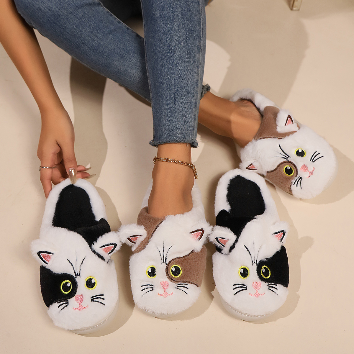 Design slippers fashion cute kitten plush slippers autumn and winter warm cotton slippers 2024 new outdoor indoor flat casual shoes warm Brown Black