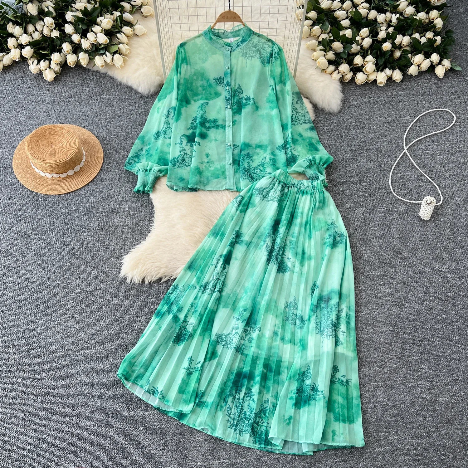 Women Chic Print Sweet Two Pieces Sets Bow Lantern Long Sleeve Top High Waitst Wide Skirt Fashion Summer Sets 240823