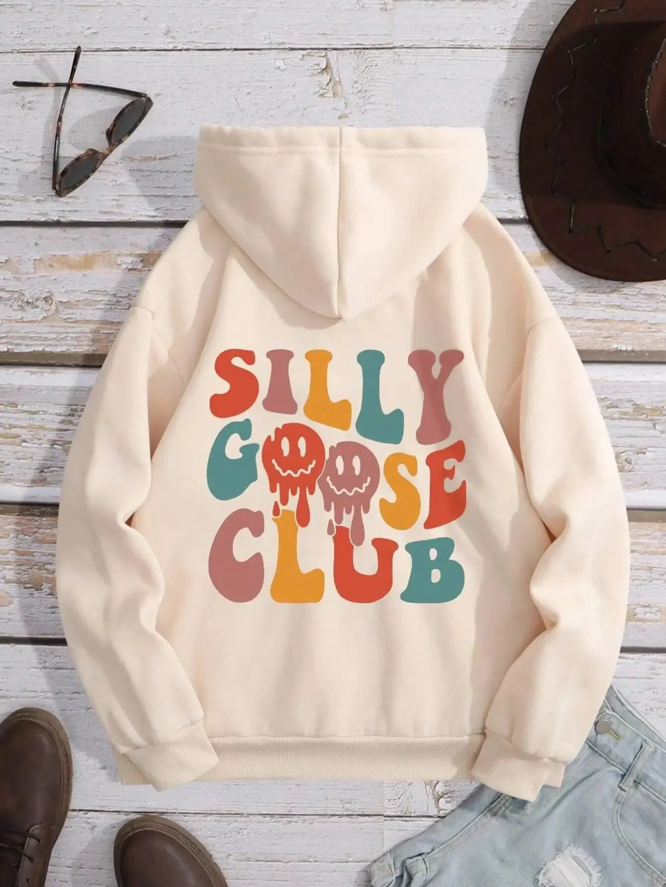 Silly Goose Club Letter Graphic Hoody Male Vintage Crewneck Sweatshirt Autumn Oversize Hooded Comfortable Men Streetwear 240822