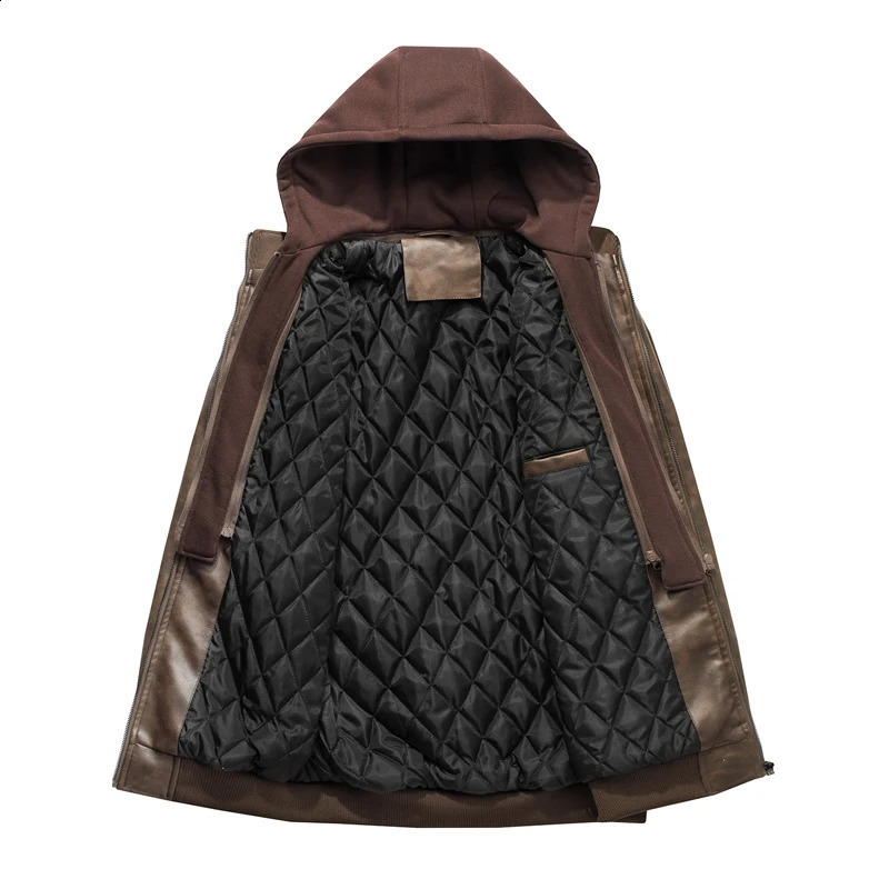 Faux leather jacket mens autumn and winter leather jacket mens windproof and warm motorcycle jacket hooded Pu jacket K483 240822