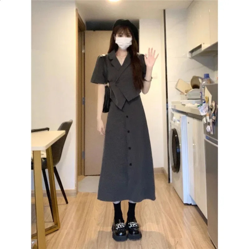 Summer Womens Suit Cropped Irregular Lapels High-waisted Skirt 2-piece Set Hong Kong Style Fashion 240823