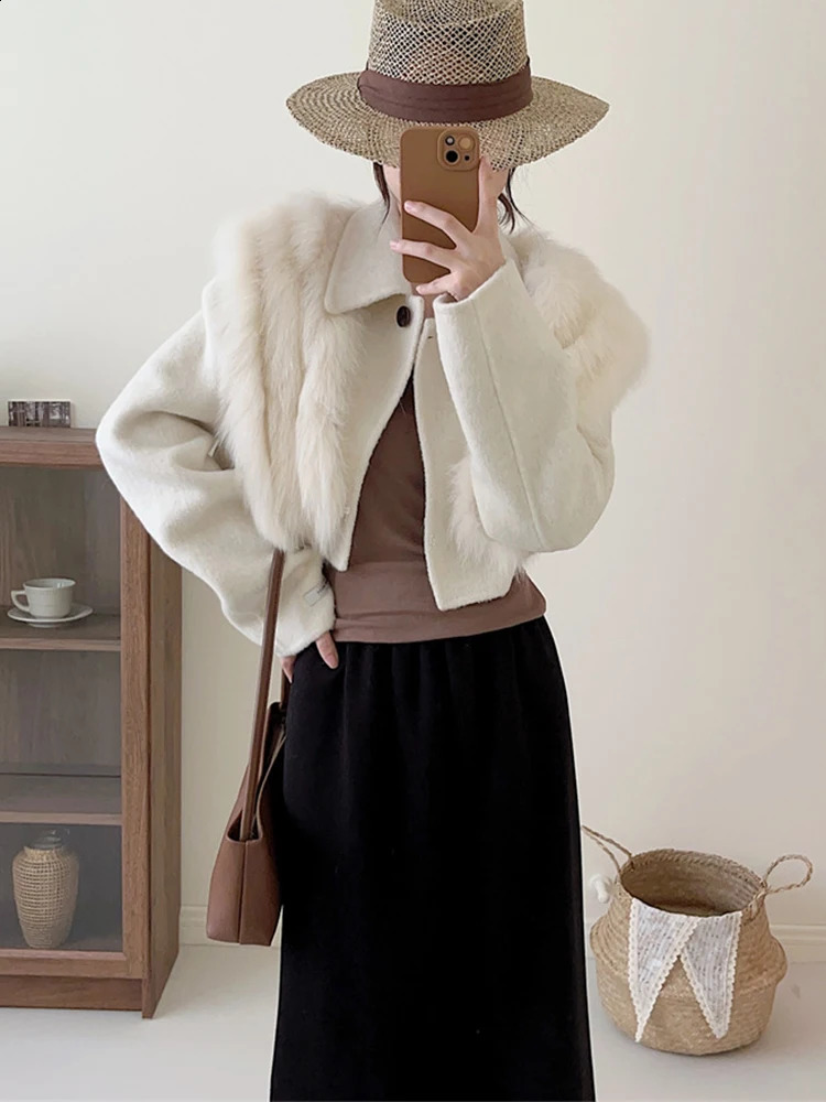 Women Autumn Handmade Double Side Short Woolen Jacket Real Fox Fur Warm Female Spring White Fashion Woolen Coat 240822