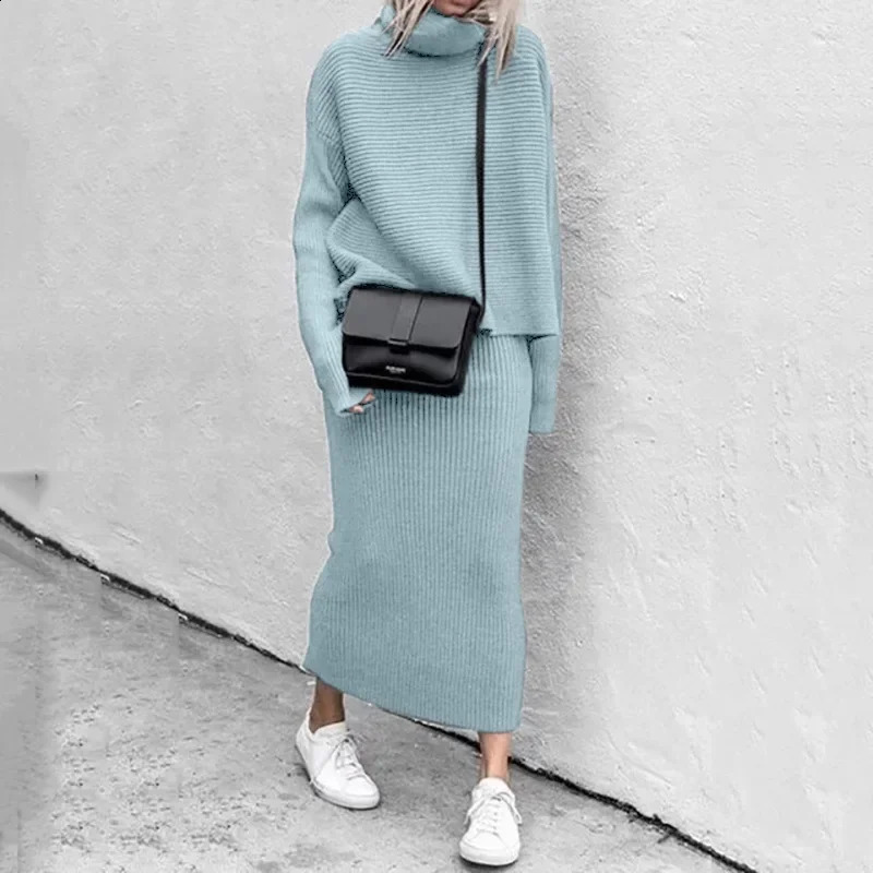 Two Piece Skirt Sets Knit Sweaters Spliced Full Sleeve Turtleneck Long Skirts Suits A Line Matching Set Solid Loose Fit Sports 240823