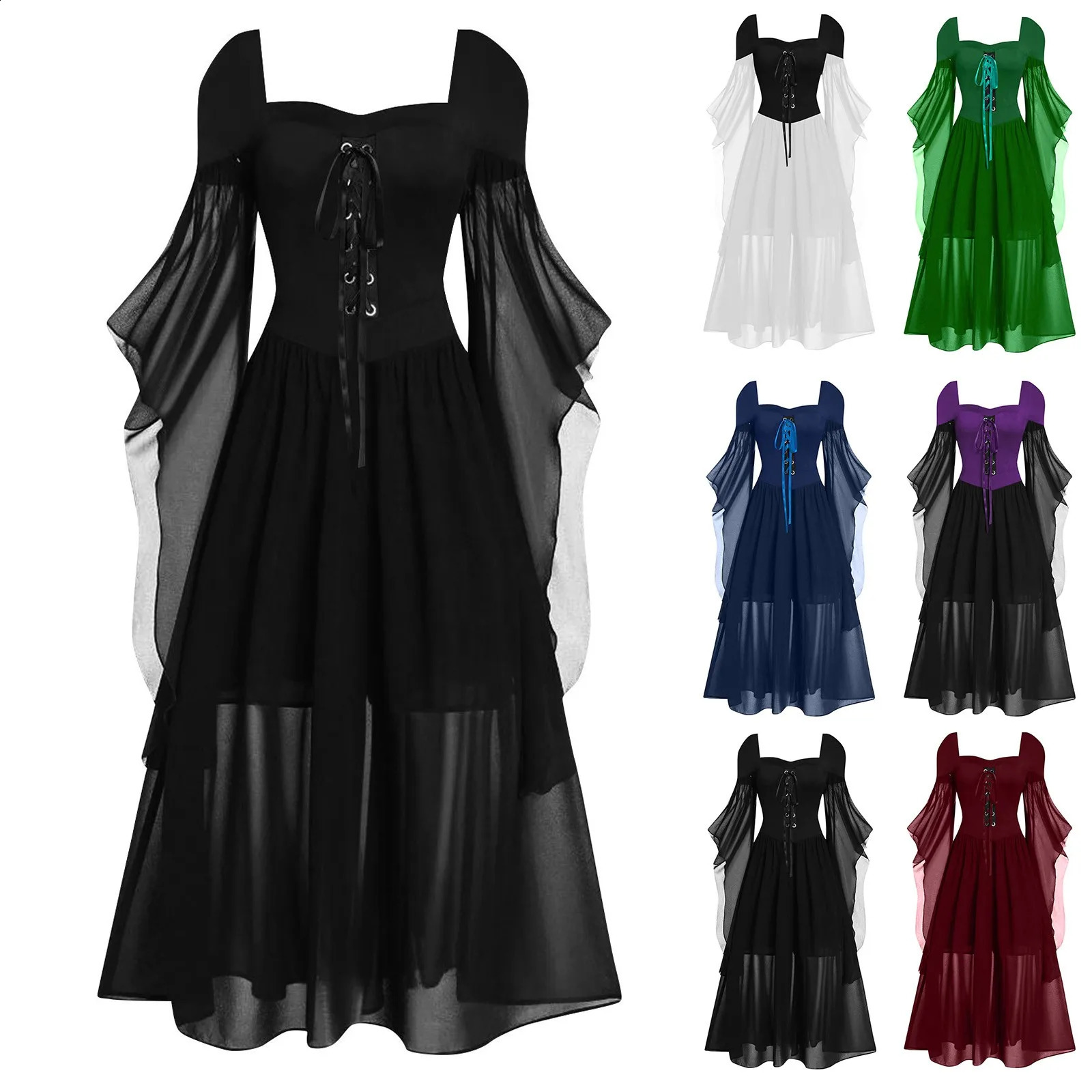 Medieval Witch Dress Butterfly Sleeve Gothic Mesh Lace Pendant Halloween Carnival Costume Size Up 240823