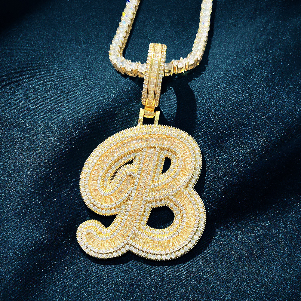 Hip Hop Custom A-Z Cursive Letters Pendant Necklace 5A T Zircon 18k Real Gold Plated Mens Jewelry