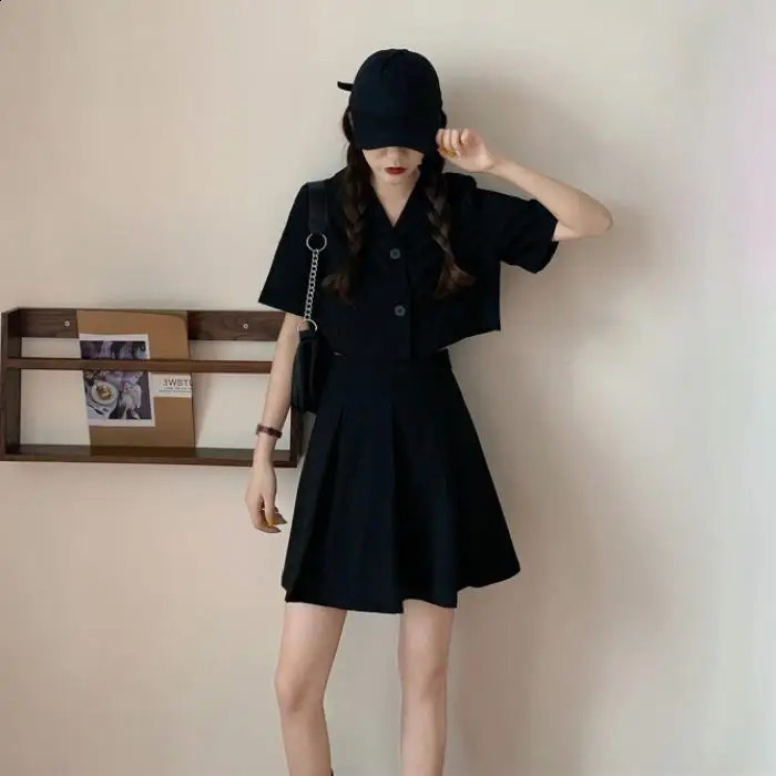 Summer Korean Fashion Suit Women Set College Style Black Short-sleeved Short Paragraph Top Skirt Two-piece Set Matching Sets 240823