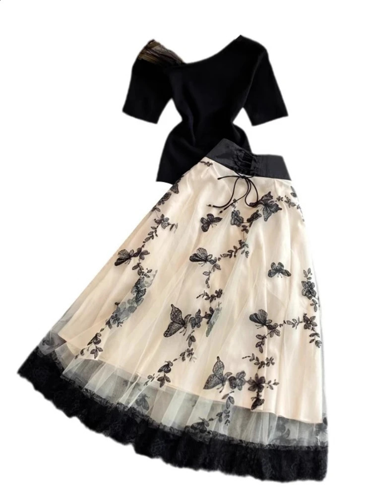 Summer Elegant Two Piece Sets Women Diagonal Neck Short Sleeve Shirt Vintage Butterfly Embroidered High Waist Mesh Skirt Suits 240823