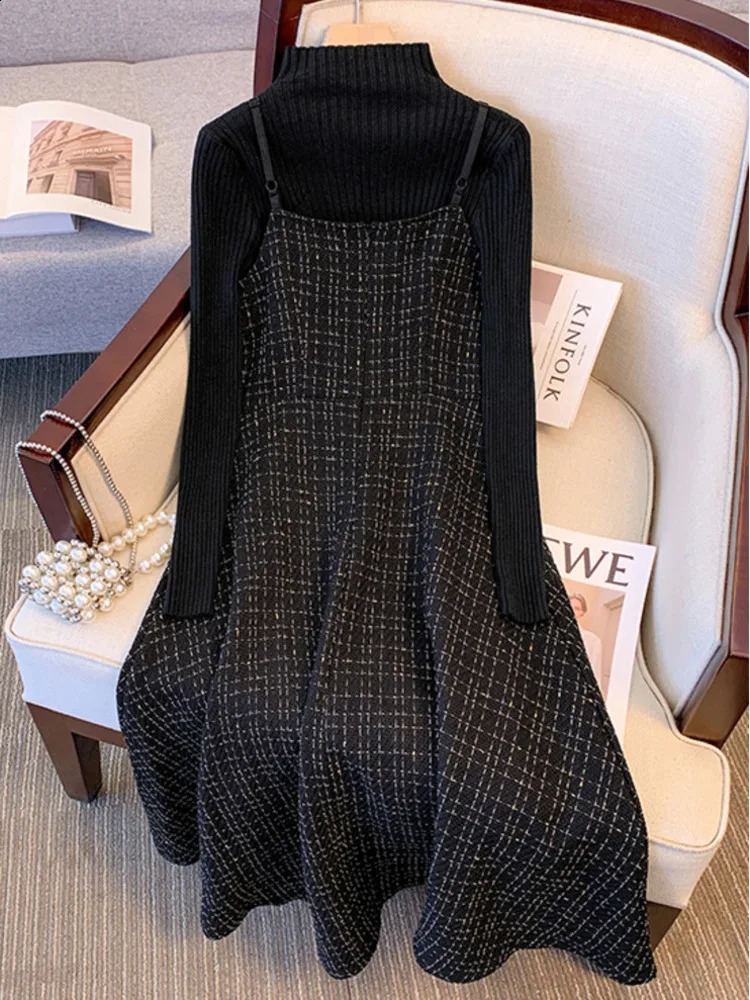 Autumn Winter Two Piece Sets For Womens Outfit Office Ladies Temperaament Korea Casual Knitted Sweatertweed Dresses Sets 4XL 240823