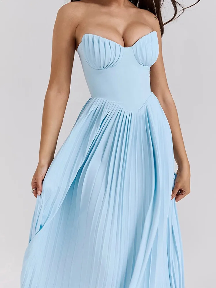 Sexy Strapless Women Pleated Maxi Dress Fashion Solid Backless High Waist Dresses Lady Sleeveless Party Evening Robe 240828