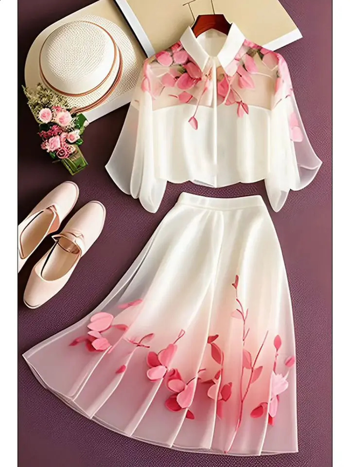 Temperament Blouse Faldas Floral Skirts Two Piece Sets Womens Outifits Short Sleeve Print Shirts Lady Ropa Mujer Chiffon Tops 240823