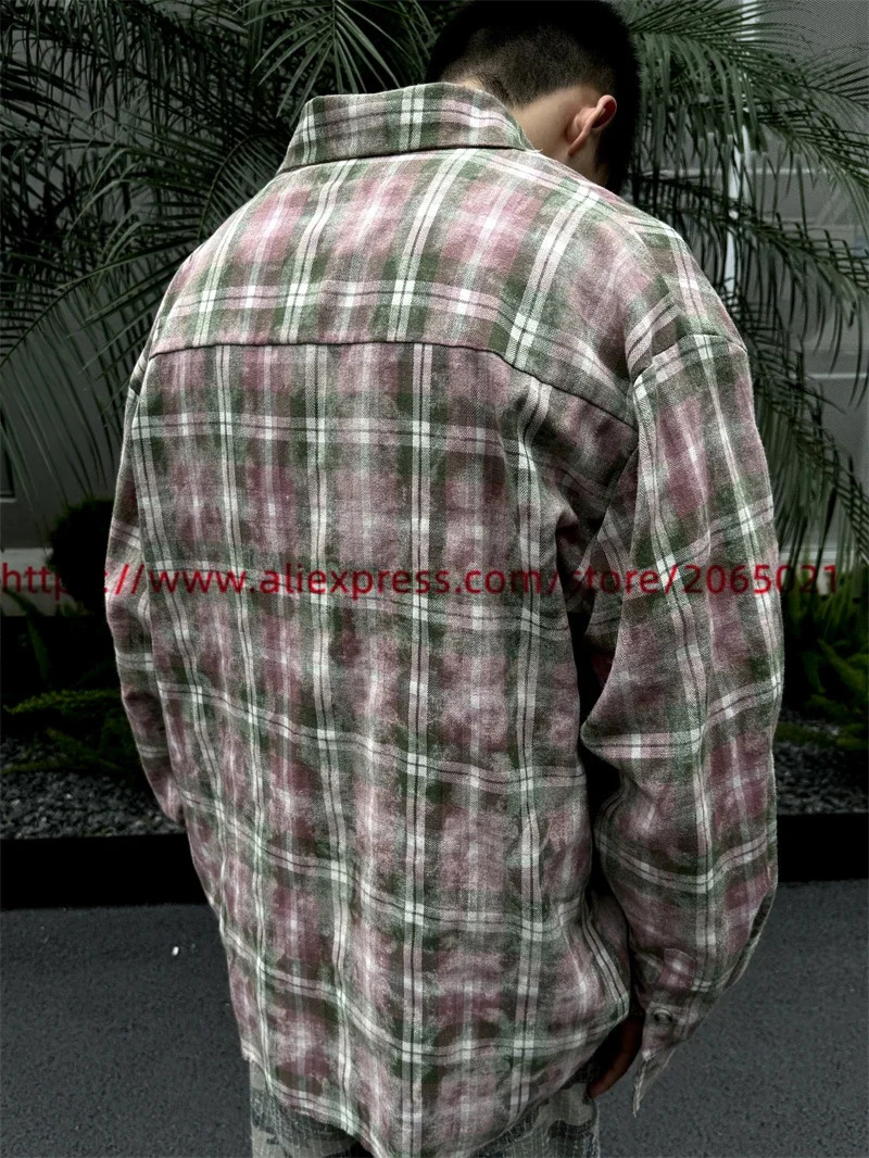 Retro Distressed Halo Dyeing Flannel Cotton Plaid Shirts Men Women Oversize Shirts Top 240822