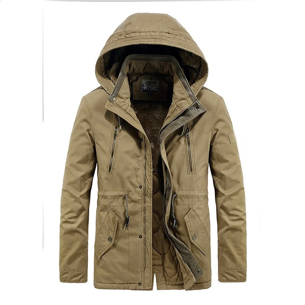 Mens outdoor jacket with detachable hood Casaul autumn and winter military mens hooded Parka wool lining thickened warm 240822
