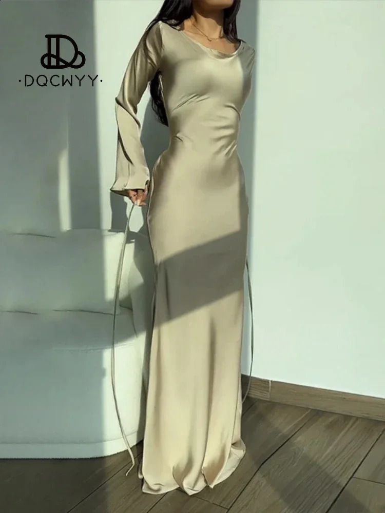 Womens Dresses Long Dresses Fashion Simple Round Neck Satin Flare Sleeve Lace Up Slim Evening Party Dresses Sexy Dress 240823