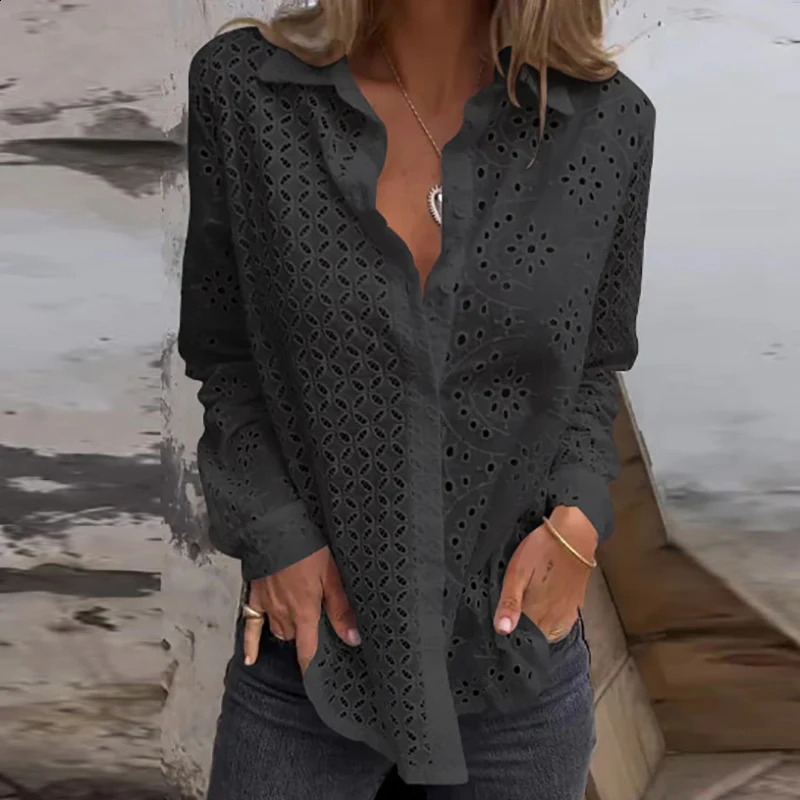 Sexy Hollow Out Embroidery Crochet Blouses Women Spring Solid Long Sleeve Jacquard Top Summer Loose Single Breasted Lapel Shirt 240823