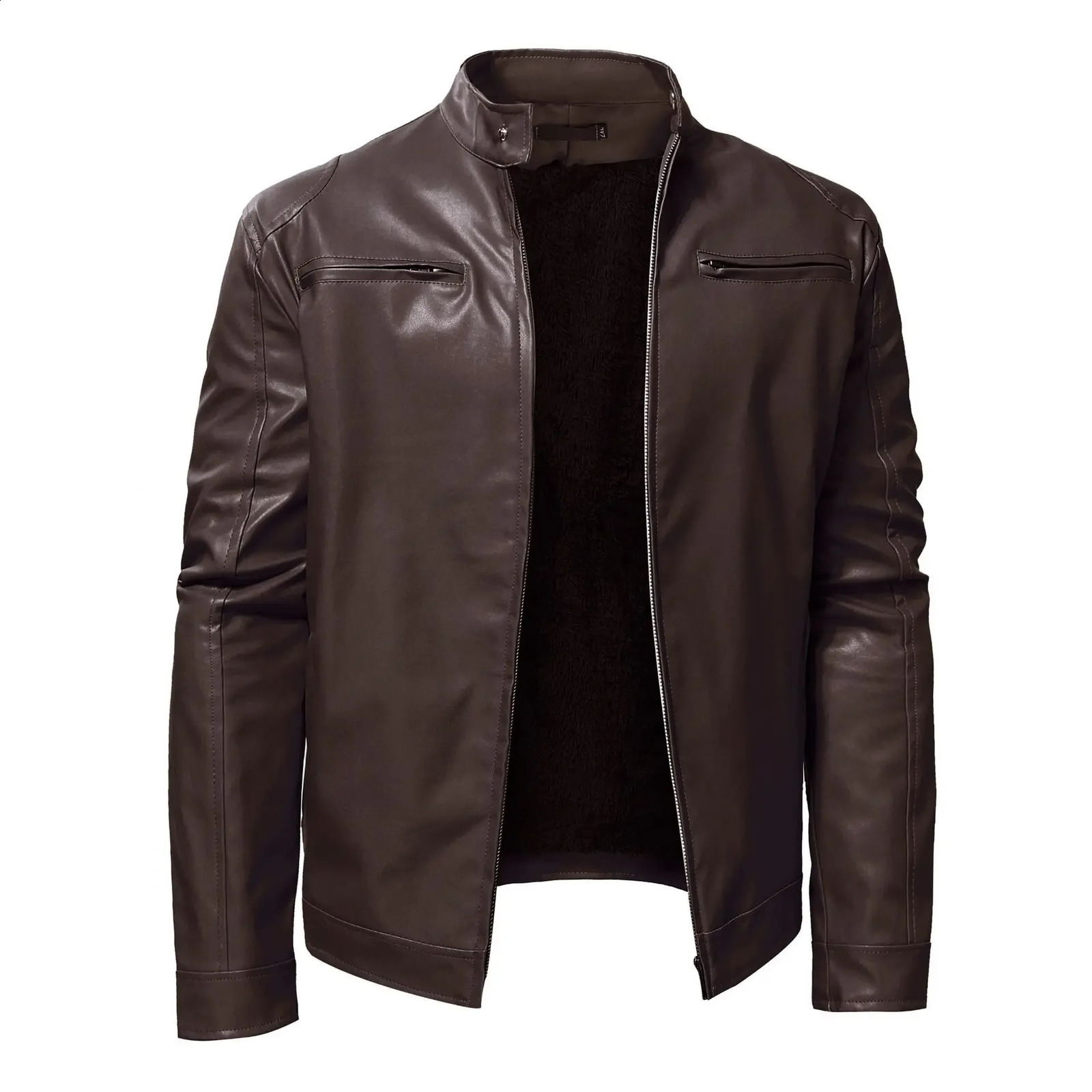 Autumn mens business gentleman plush and thick zippered cardigan stand up collar large leather jacket 240822