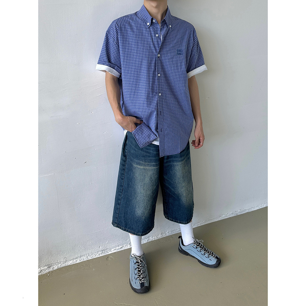 American Lazy Loose Blue Checkered Short Sleeved Shirt for Men New Versatile Casual Embroidered Shirt Trend