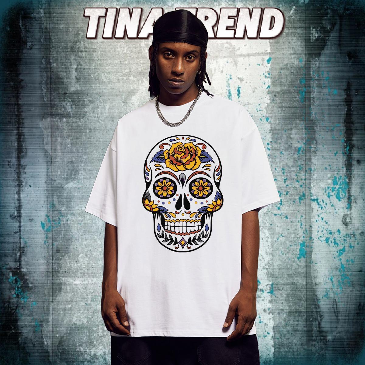High Quality Men T Shirts 230g Pure Cotton skull Hip Hop White Plus Size Breathable Crew Neck Tshirt for Man Woman New Polos