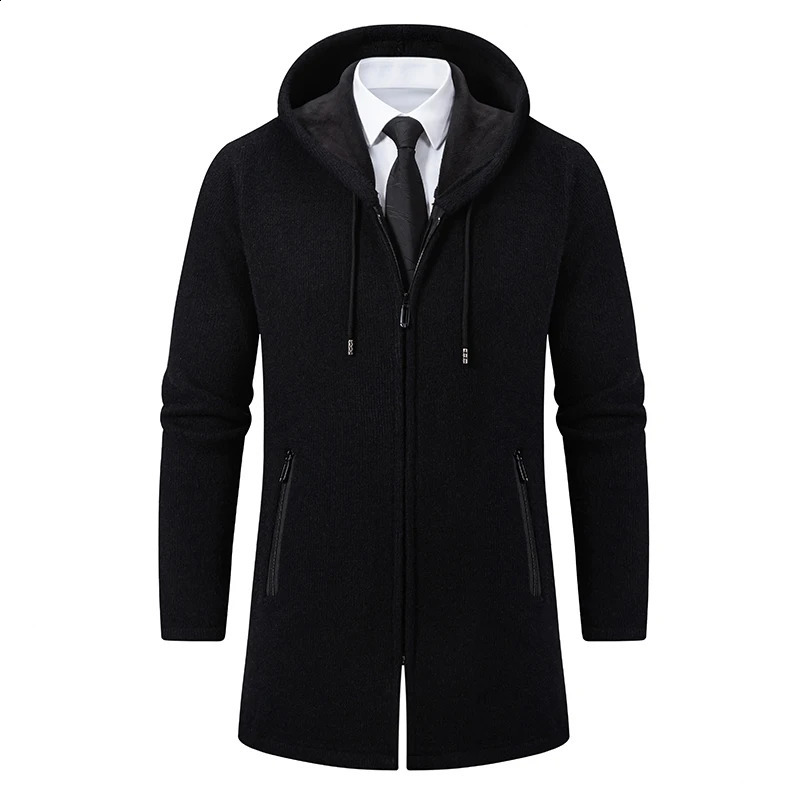 Mens Long Cardigan Full Zip Trench Coat Thick Fleece Hooded Jacket Cardigans Coats Japanese Korean Style Man Clothes 240822