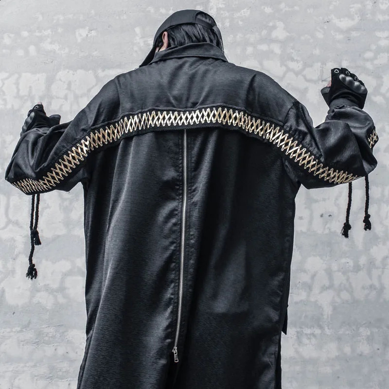 High Street Techwear Hip Hop Trench Coat Long Jackets For Men Drawstring Patchwork Cloak Gabardina Hombre 240822