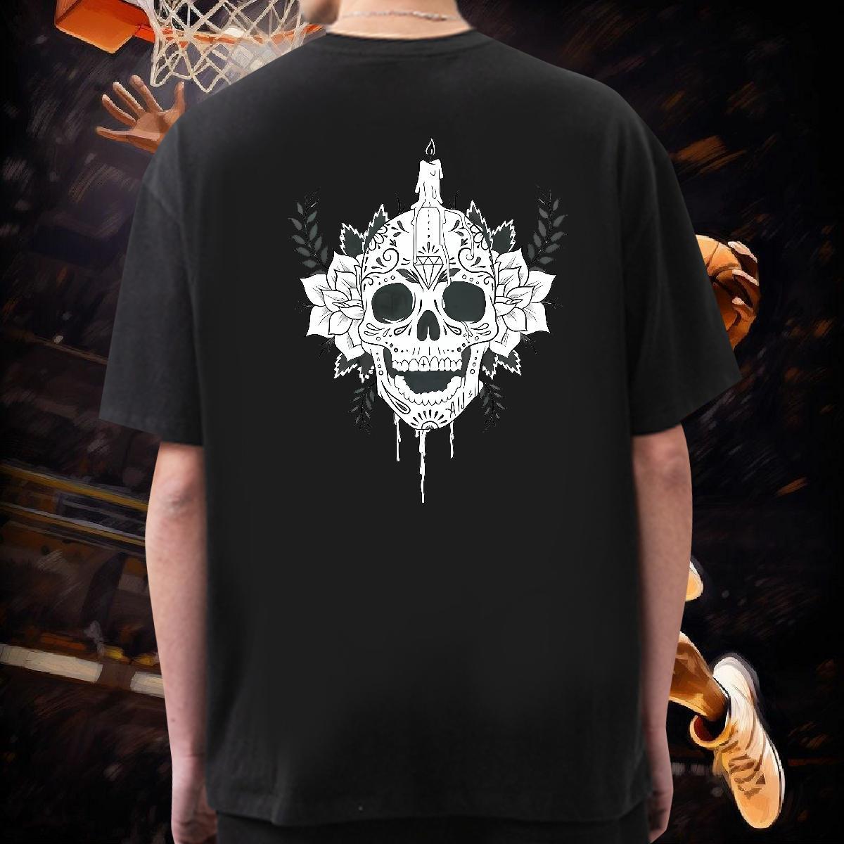 Loose Fit T Shirt For Man 230g Pure Cotton skull Hip Hop Street DIY Printed Crew Neck Breathable Tshirts Free Shipping Clothes