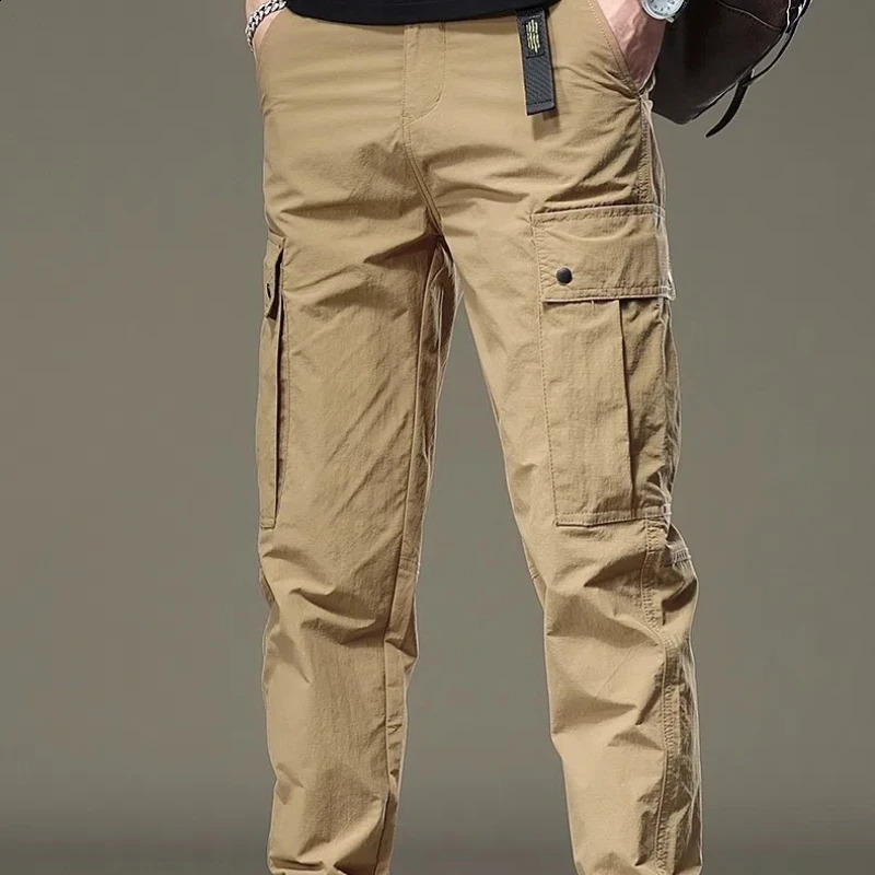SpringSummer Solid Color Elastic Waist Brushed Mens Pocket Chaopai Bound Feet Casual Thin Cargo Pants 240823