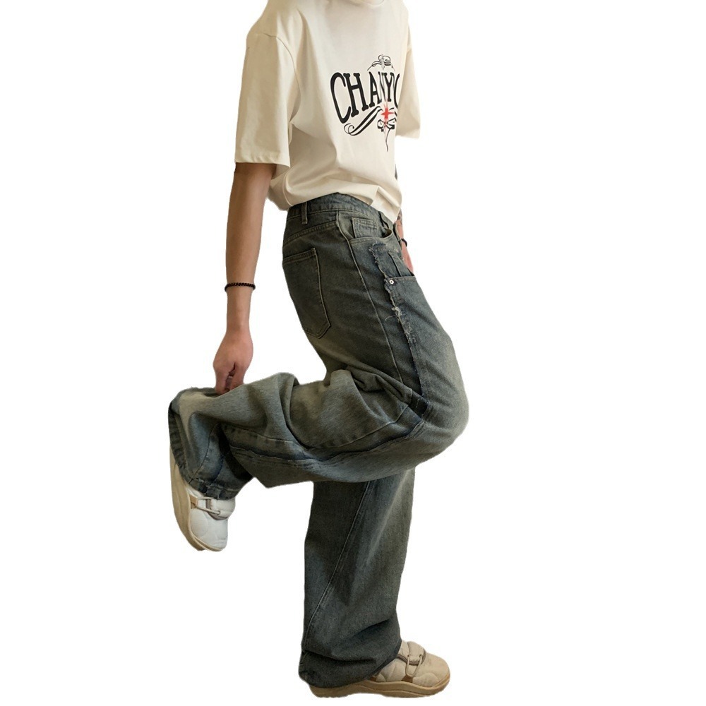 Fashionable Double Waisted Pants with Large Pant Legs Loose Jeans for Men in Summer New Embroidered Casual Versatile Denim Pants Trendy