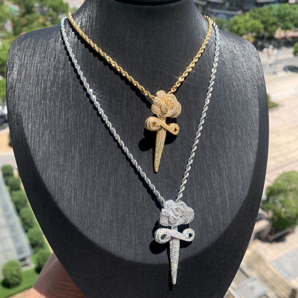 Hip Hop Rose Flower Cross Pendant Necklace 5A Zircon White Gold Plated Religious Jewelry