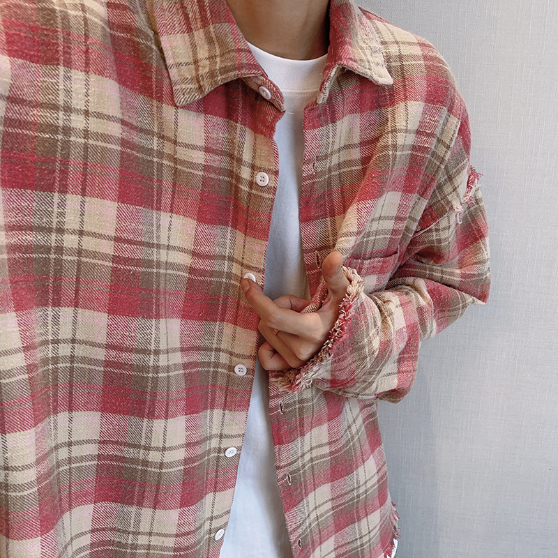 Autumn Trendy Style Design with a Loose Fit Broken Edges Pink Grid New Vintage Long Sleeved Shirt Jacket