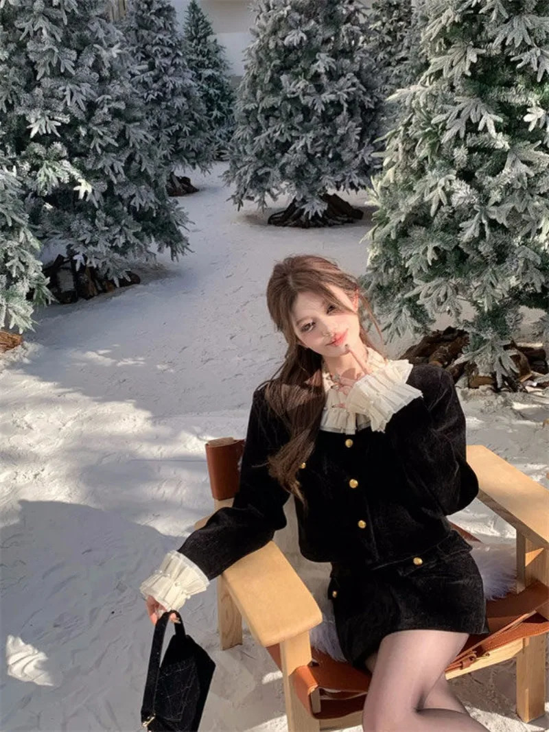 Temperament Stringy Selvedge Splice Coat Hip Wrap Skirt Two-piece Set Women Fashion Bead Lace O-Neck Celebrity Sweet Slim Suit 240823