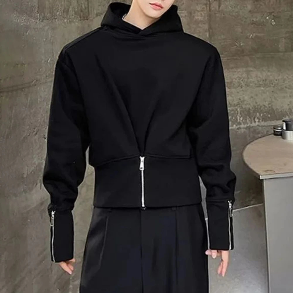 Mens Autumn Korean Y2k Waist Cuff Zipper Slim Waist Short Hooded Sweatshirt Essential Fashion Youth Solid Color Top For Men 240823