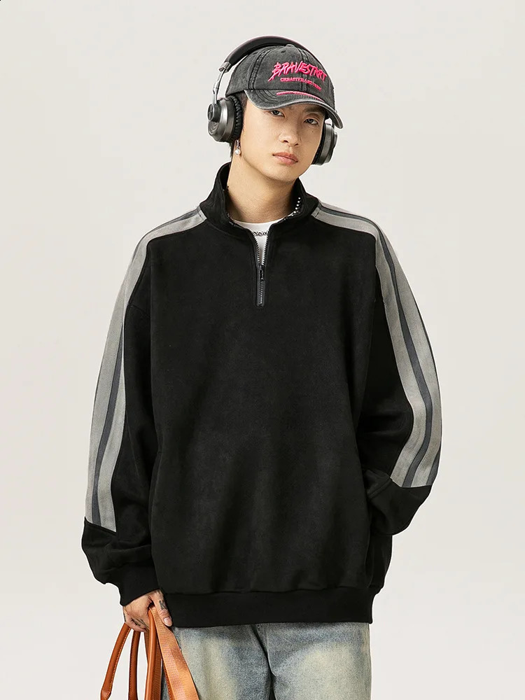 Mens Half Zipper Hoodie AutumnWinter Style Contrastive Color Splicing American Texture Stand up Collar Jacket 240823