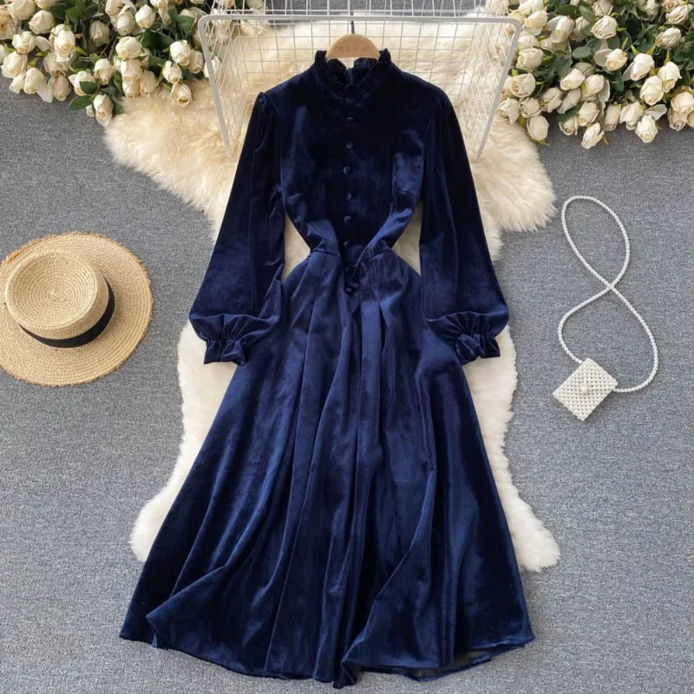 Sexy Bodycon Half High Collar Long Sleeve Velvet Dress Chic Elegant Vestidos Vintage Autumn Women Korean Fashion A-line Dress 240823