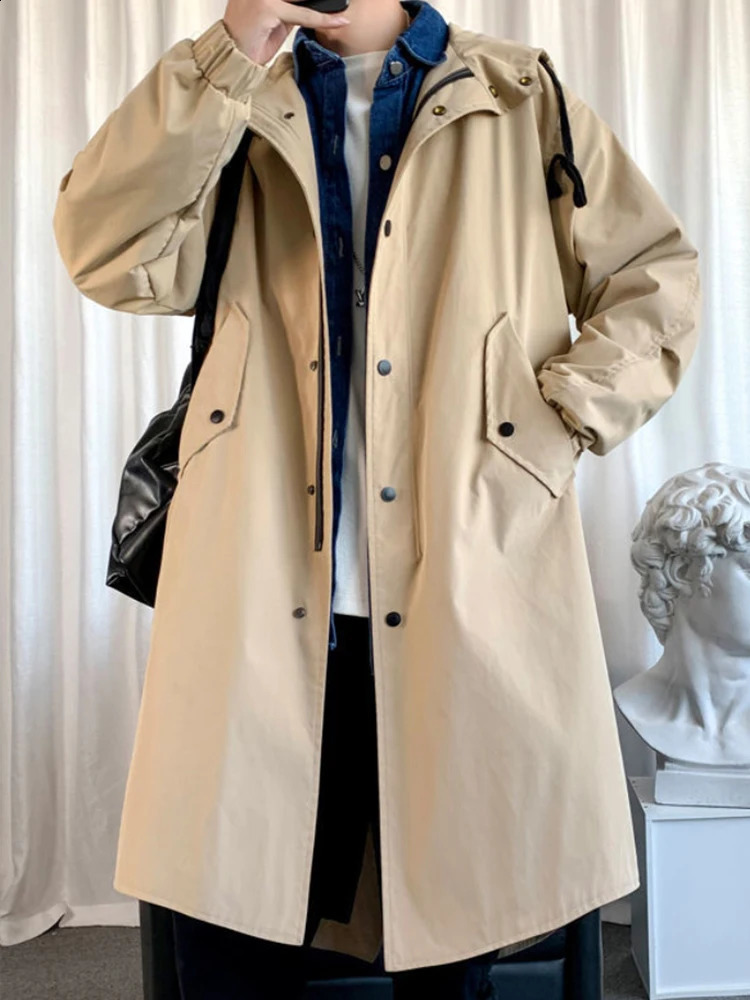 Mafokuwz Autumn Winter Windbreaker Men Long Safari Windbreaker Korean Trend Oversize Casual Coat Trendy Handsome Hooded Jacket 240822