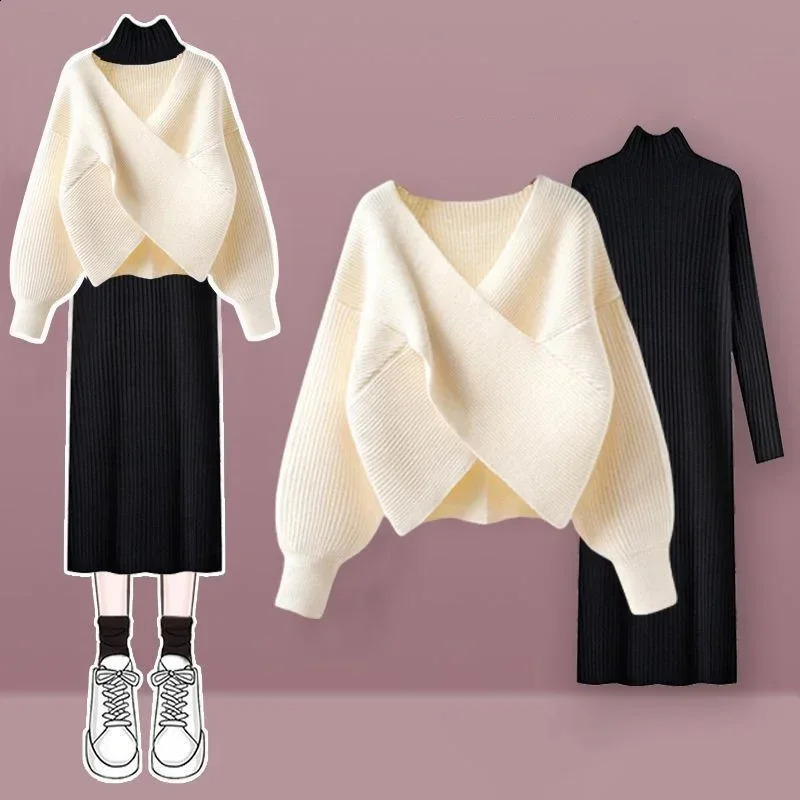 Solid V-neck Sweater Dress Women Autumn Suit Women Korean Fashion Red Sweater Mid-length Knitted Skirt Two-piece Set 240823