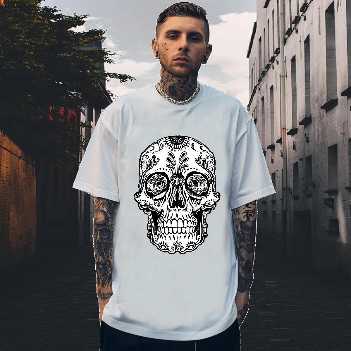 Popular T Shirts Men 100% Cotton 230g skull Hip Hop Street DIY Printed Breathable Tshirt for Man Woman Brand Tops Tees