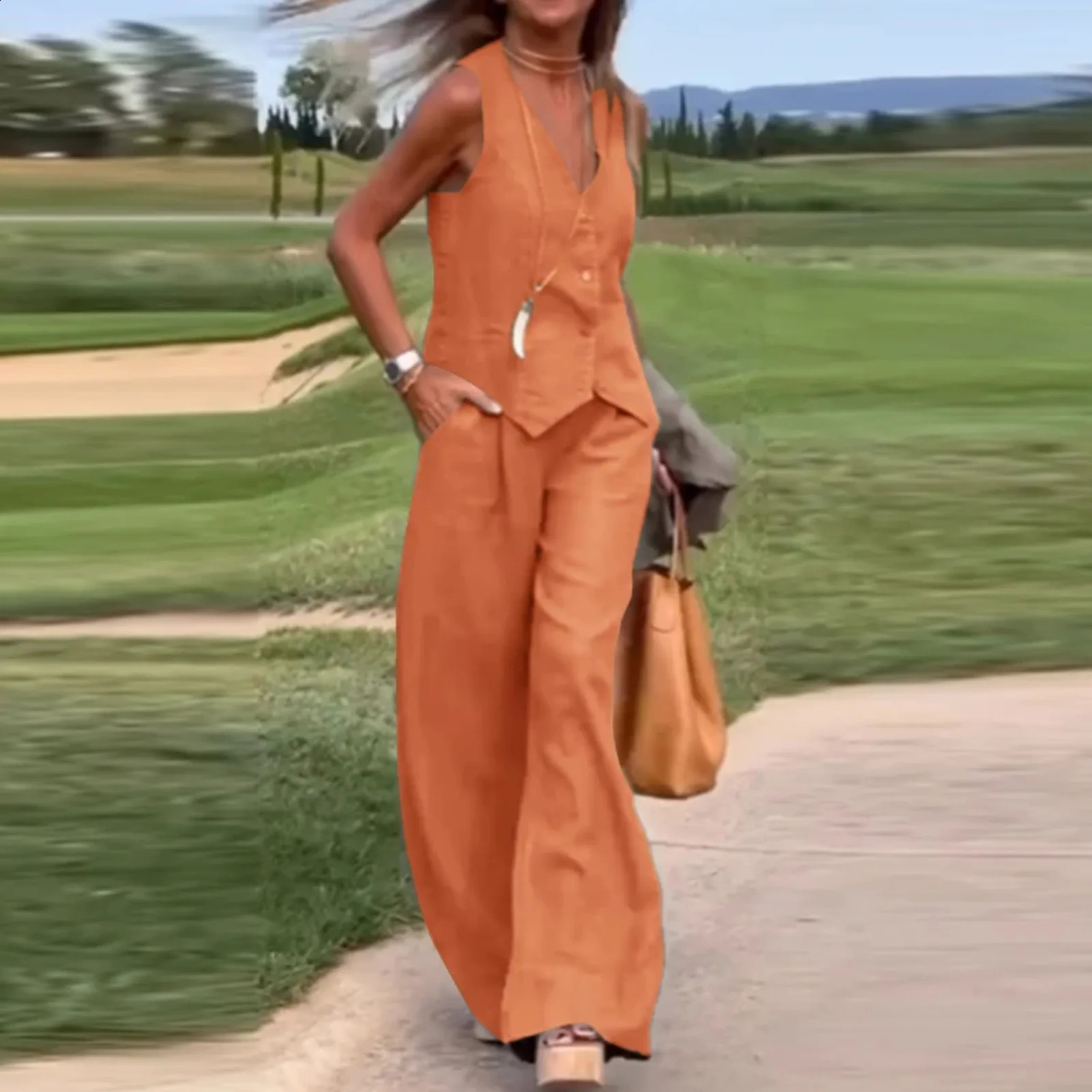 Casual solid 2-piece pants set elegant womens vest set sleeveless V-neck vest top fashionable pants set oversized matching set 240823