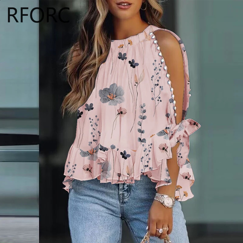 Womens pleated hem long sleeved round neck Allover printed rhinestone decorative sleeves vacation shirt top 240822