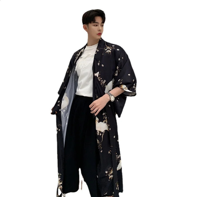 Men Print Japan Fashion Loose Casual Vintage Long Kimono Cardigan Shirt Night-robe Trench Coat Sunscreen Beach Jacket Robe 240822
