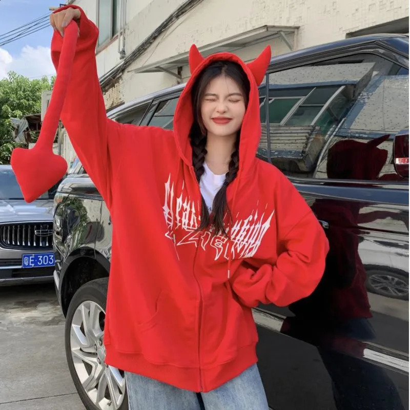 Autumn Harajuku Hoodies Women Gothic Punk Devil Horn Hooded Sweatshirt Halloween Couple Matching Detachable Tail Zip-Up Outwear 240823