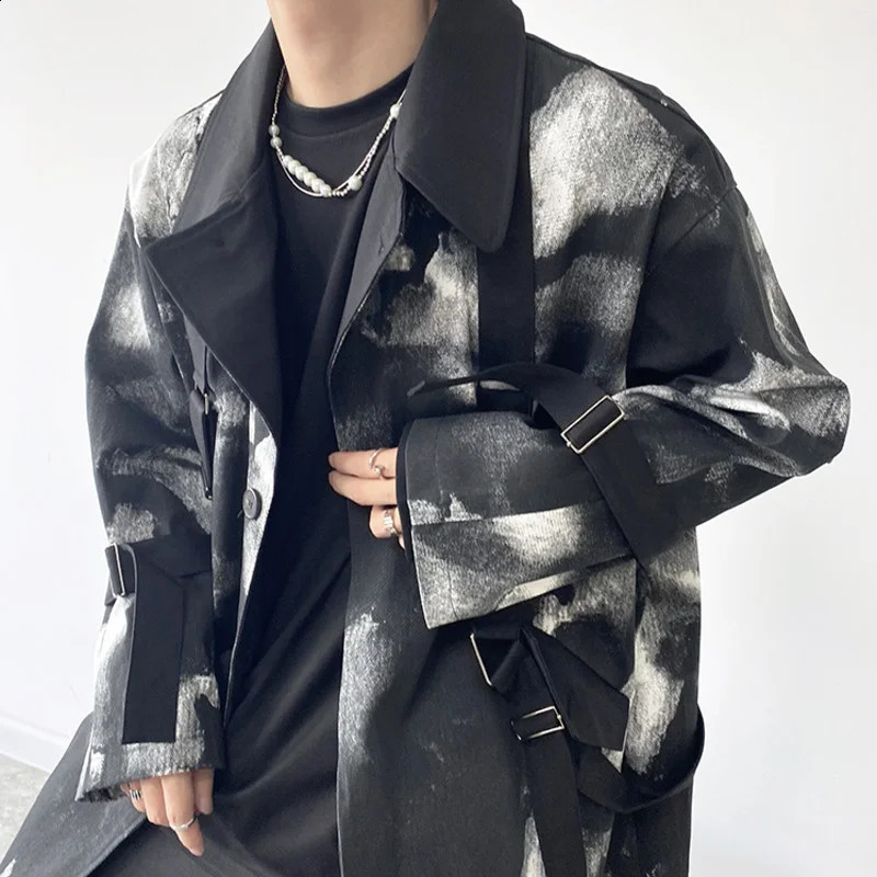 Ink Mens Tie-dye Tie n Trendy Long Coat Autumn Winter Black Single Breast Vintage Streetwear Windbreaker Loose Jacket 240822