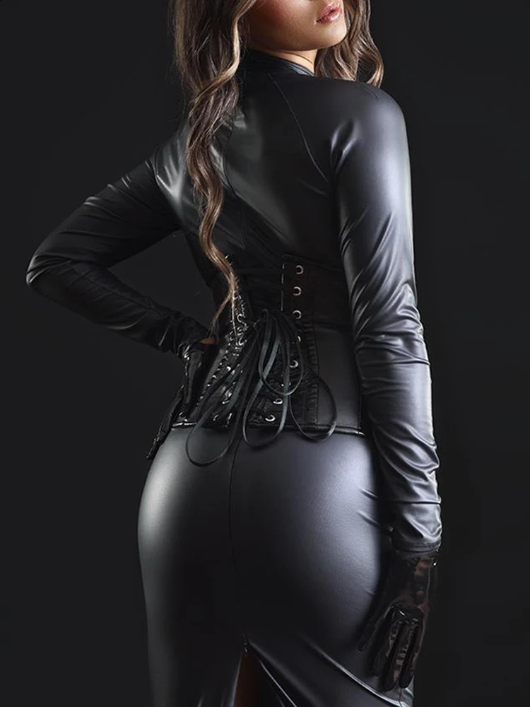 Women Long Sleeve Matte Faux Leather Stretch Dress Sexy Vintage PU Bodycon Dress Hem Split Slim Clubwear Party Costume Custom 240823