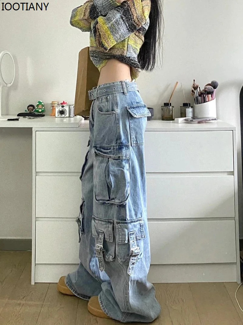 Ladies Cargo Jeans American Street Style Baggy Cargo Pants Women Blue Multi-pocket High-waisted Wide Leg Trousers For Women 240822