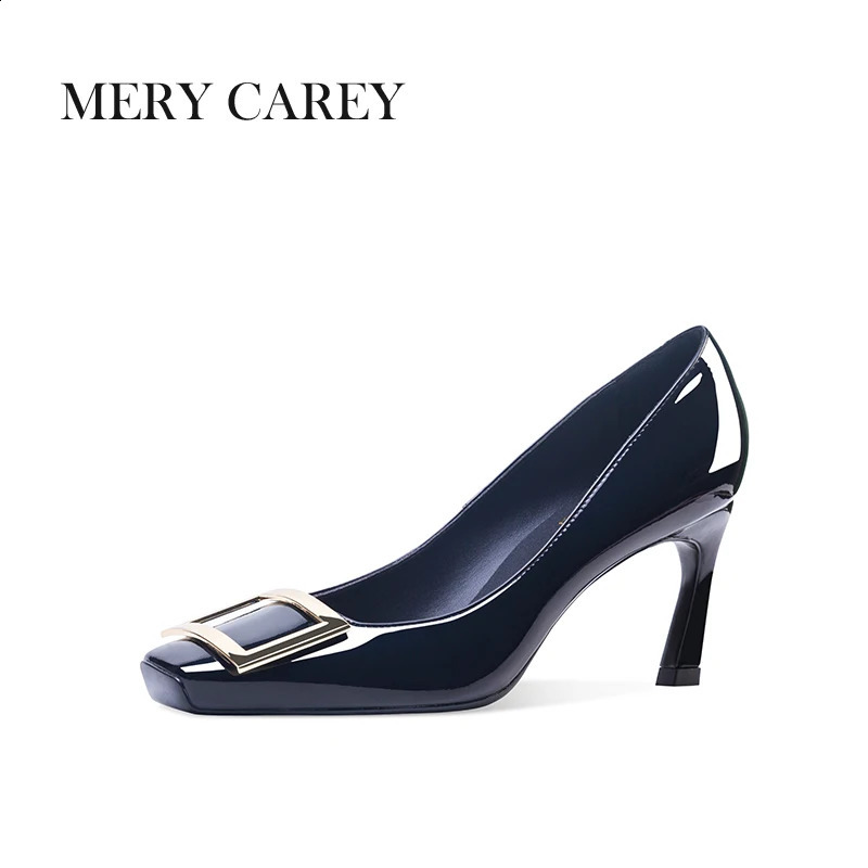 Genuine leather womens high heels 24 fashionable square toe shallow mouth metal buckle pump high-quality office black single shoes 240823