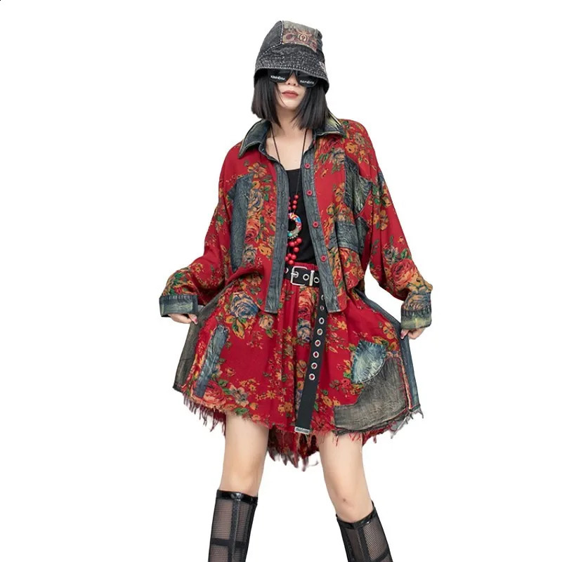 Summer Large Flower Patchwork Denim Lapel Long Sleeved Jacket Shorts Two-piece Set Women Short Sets LX329 240823