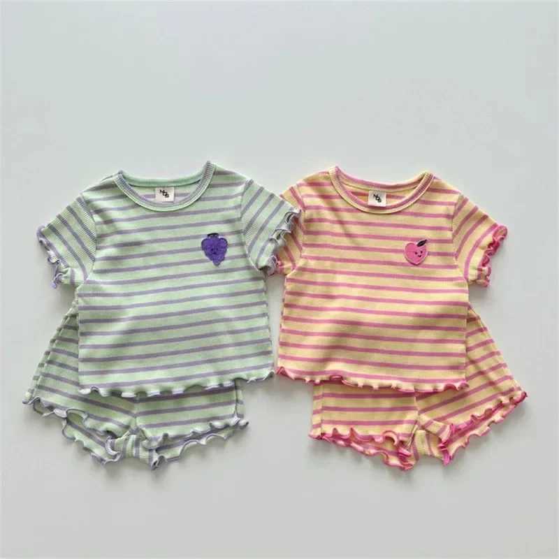 2024 summer new baby striped short sleeved clothing set girls ear top+short 2-piece set childrens grape pattern clothing project W250218