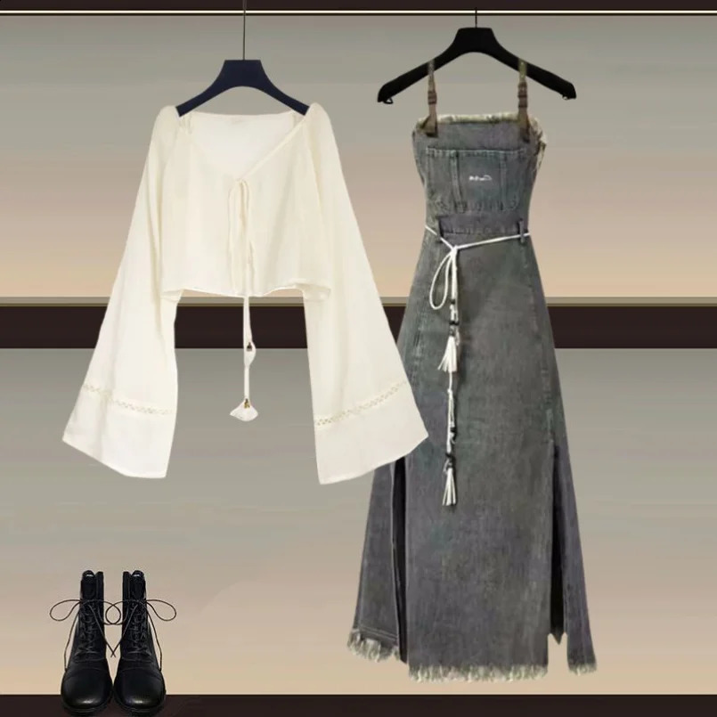 Spring/Summer Womens Set Korean Style Western Sunscreen Top Slimming Versatile Cow Strap Skirt Two Piece Set 240823