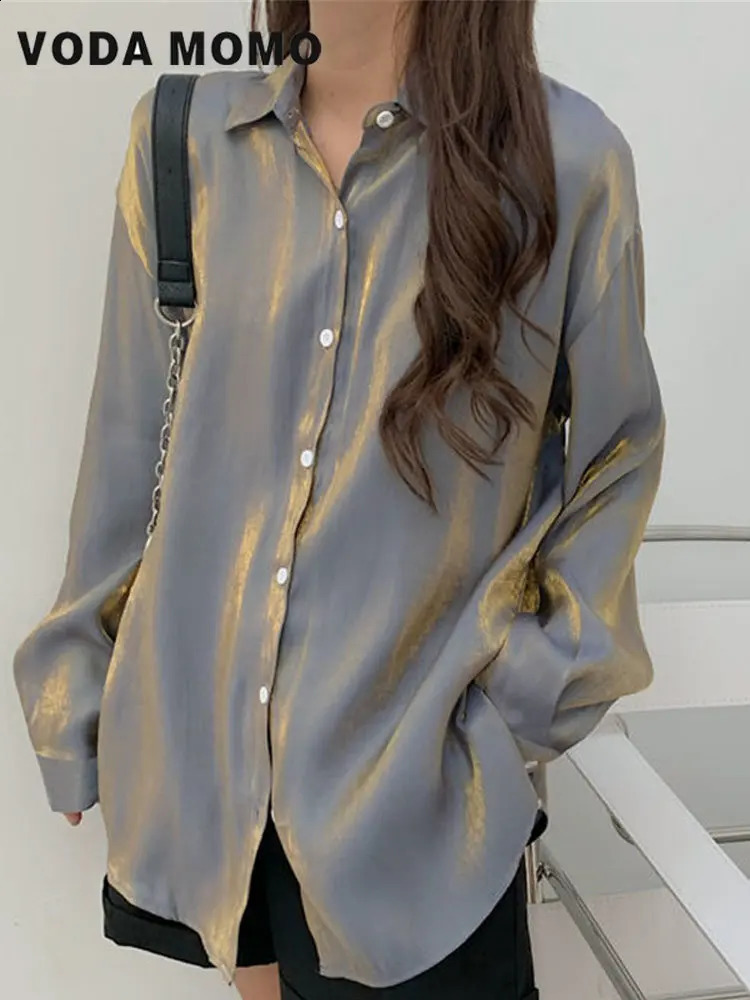 Spring Summer Korean Elegant Women ShinyBlouses Tops Long Sleeved Silk Shirts Gradient Shirts Loose Glossy Shirts Languid Wind 240823